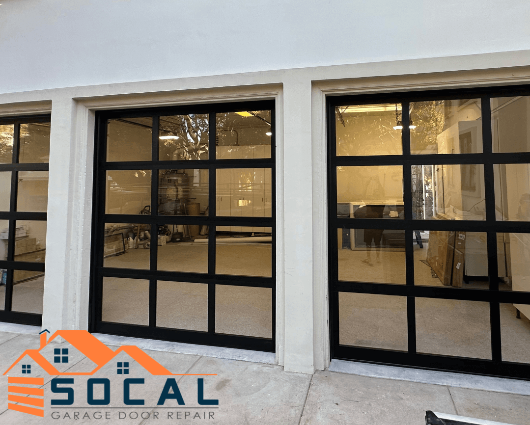 Three 9’ Full-View Glass Garage Doors Installation | SoCal Garage Door Repair Inc.